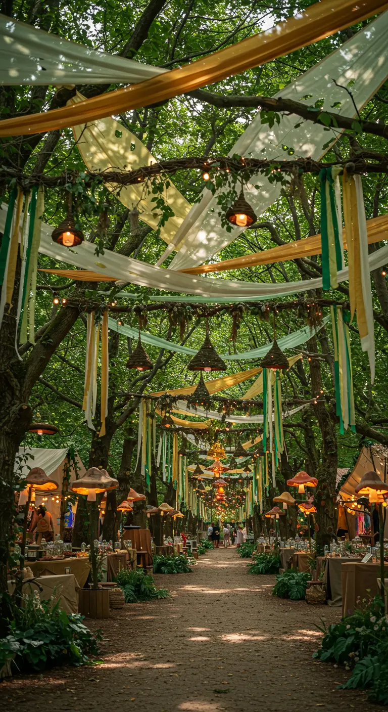 Camino en un bosque decorado para un festival con telas colgantes y lámparas rústicas.