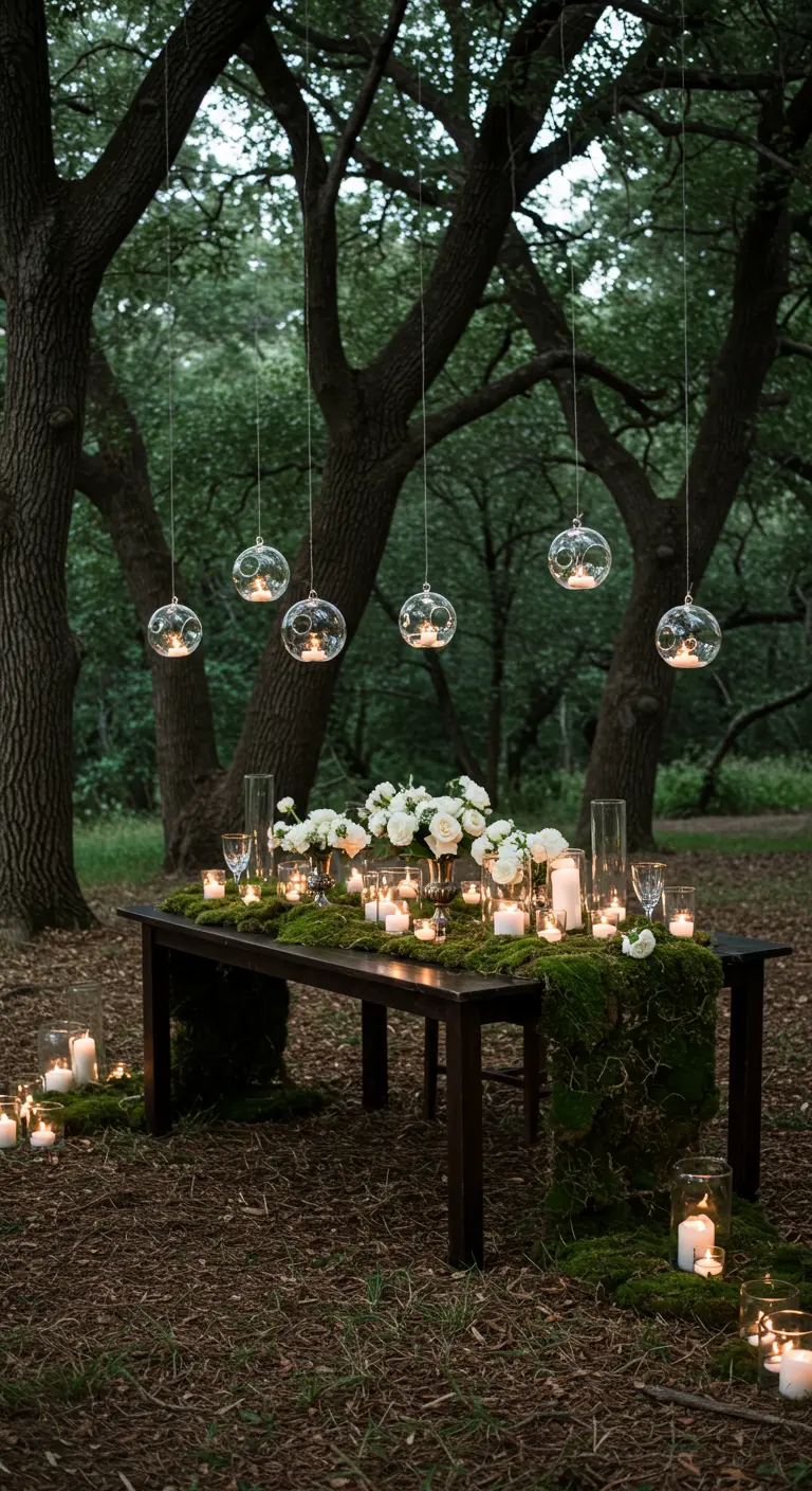 Mesa de cena en un bosque con musgo, rosas blancas y esferas de cristal colgantes con velas.