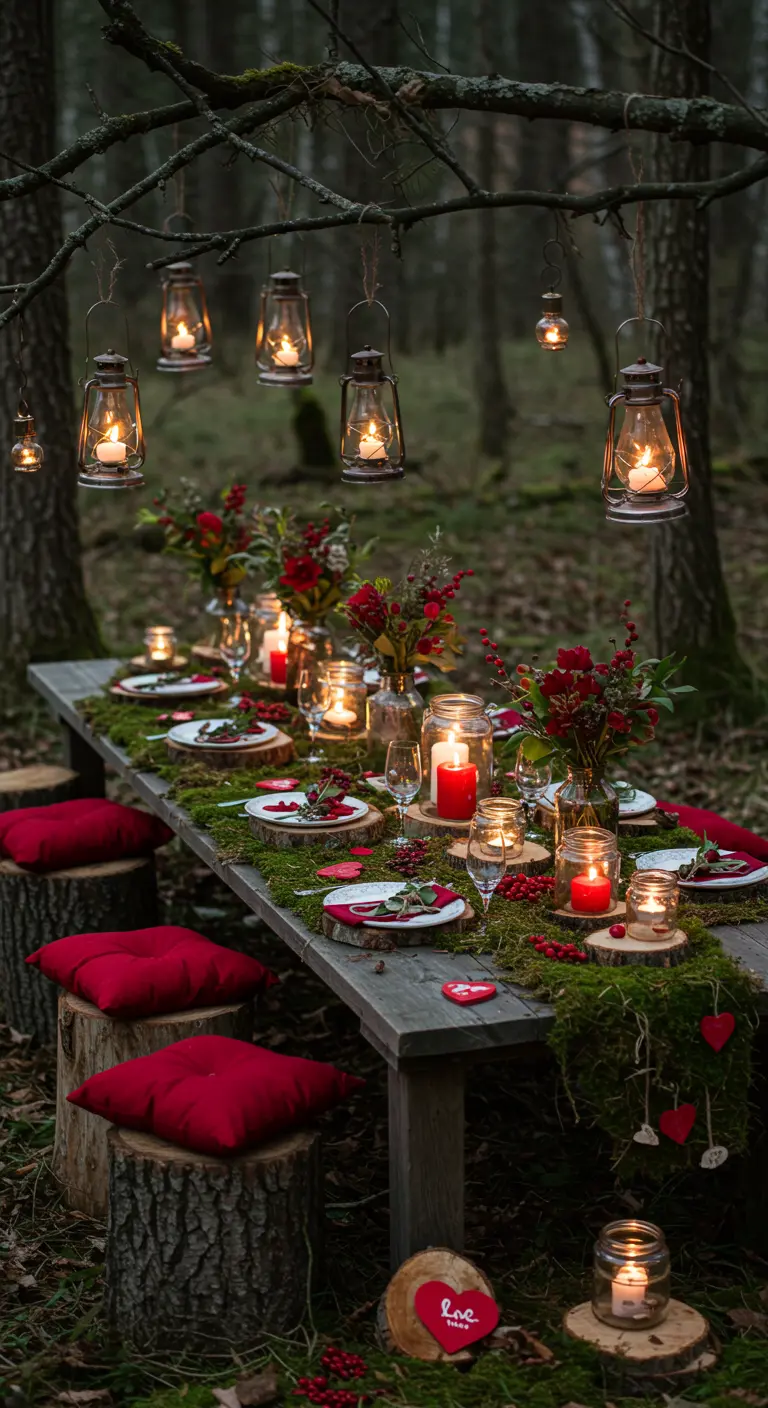 Mesa rústica en el bosque con asientos de troncos, musgo, farolillos y velas.