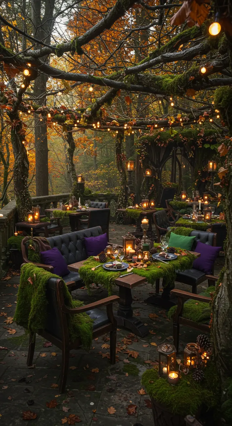 Terraza en un bosque decorada con musgo, luces de hadas y mesas para una cena mágica.