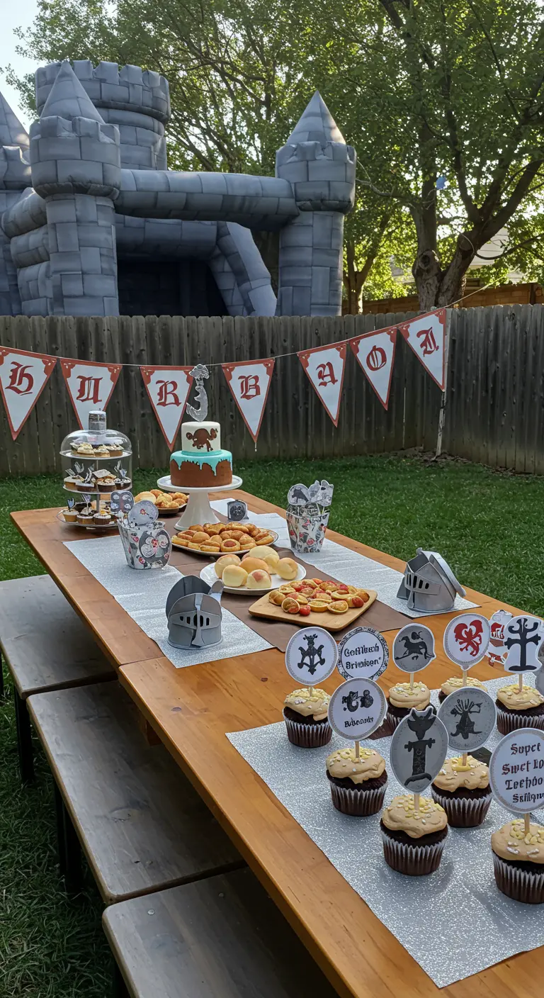 Fiesta medieval en el jardín con un castillo hinchable y cupcakes de caballero.