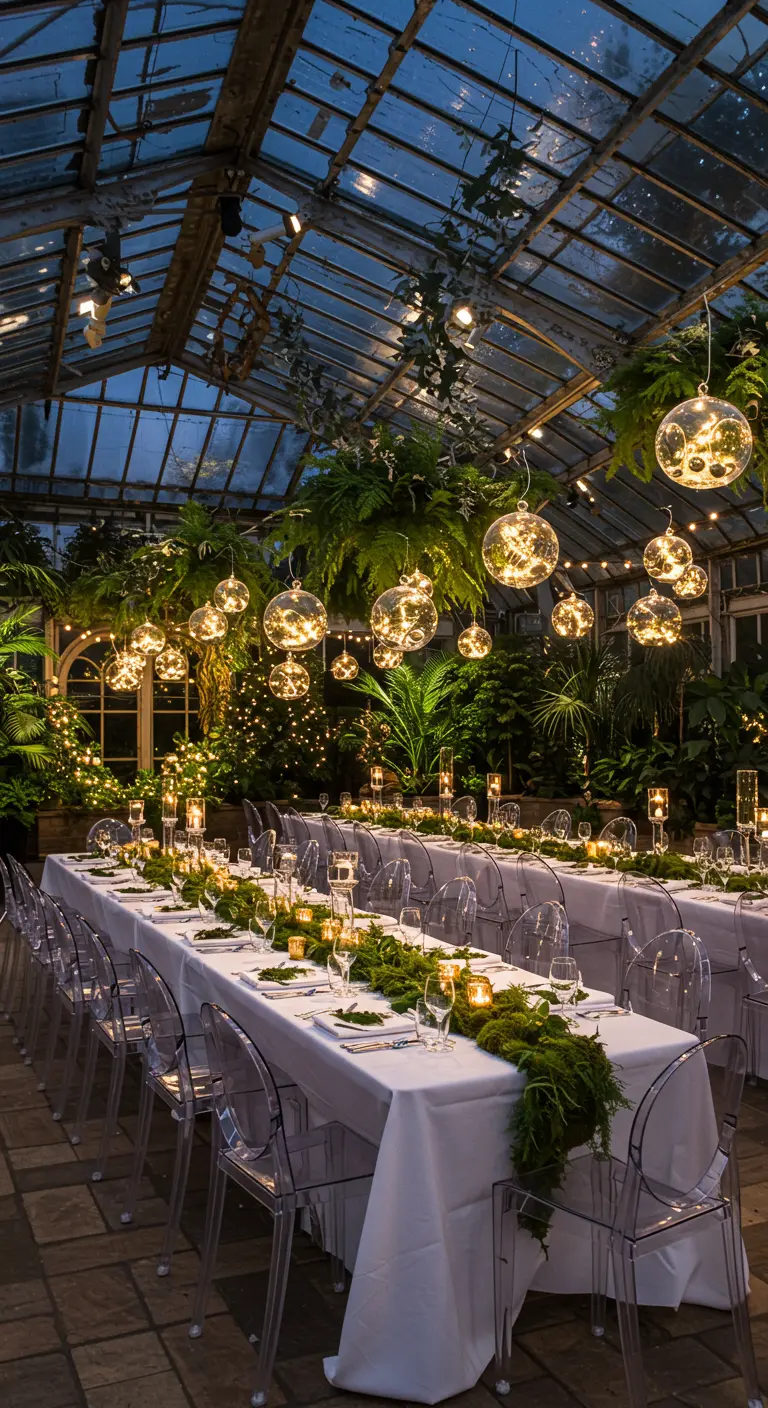 Mesas largas en un invernadero con un camino de musgo y esferas de luz colgantes.