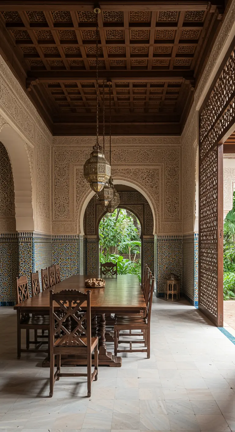 Comedor árabe-andaluz con techo artesonado de madera, paredes de azulejos y una gran mesa.
