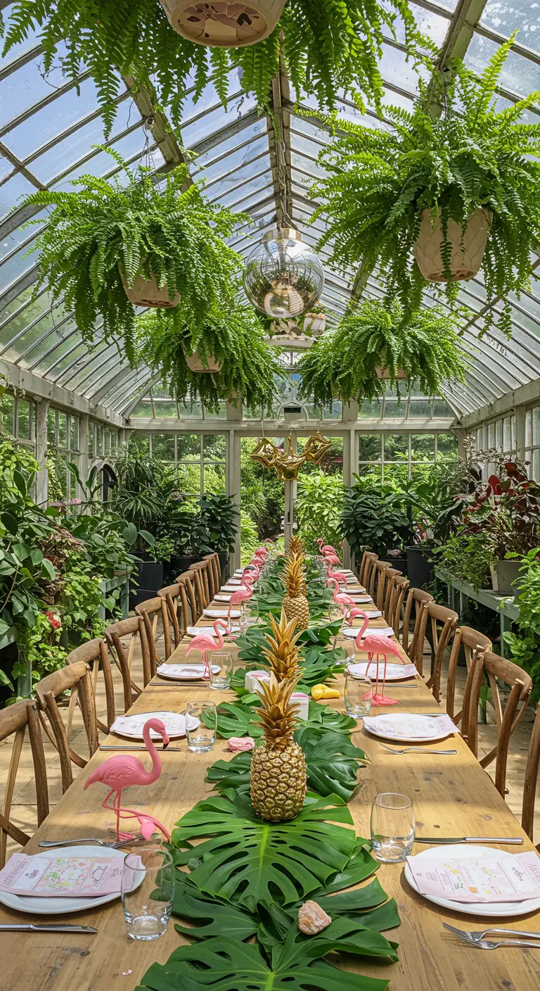 Larga mesa de comedor en un invernadero lleno de plantas colgantes, decorada con piñas doradas.