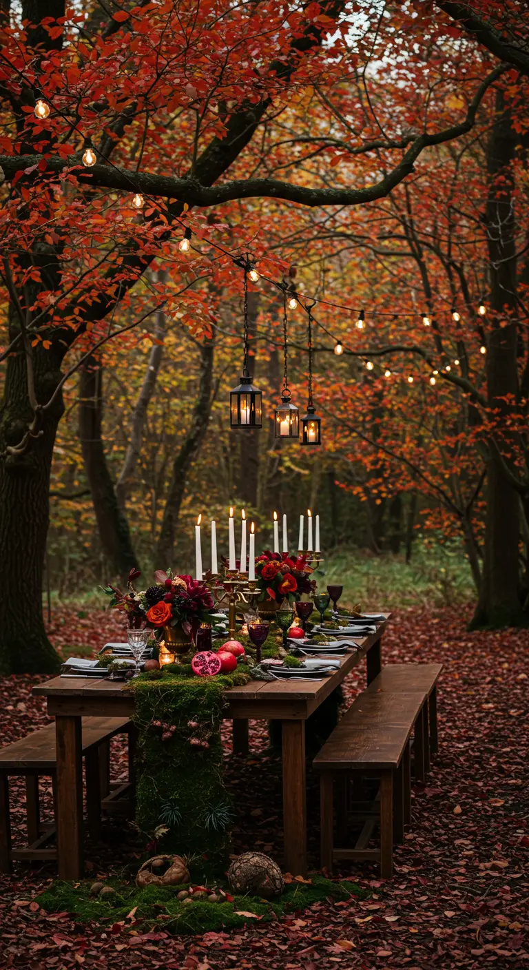 Mesa de comedor en un bosque otoñal decorada con musgo, velas y flores rojas.
