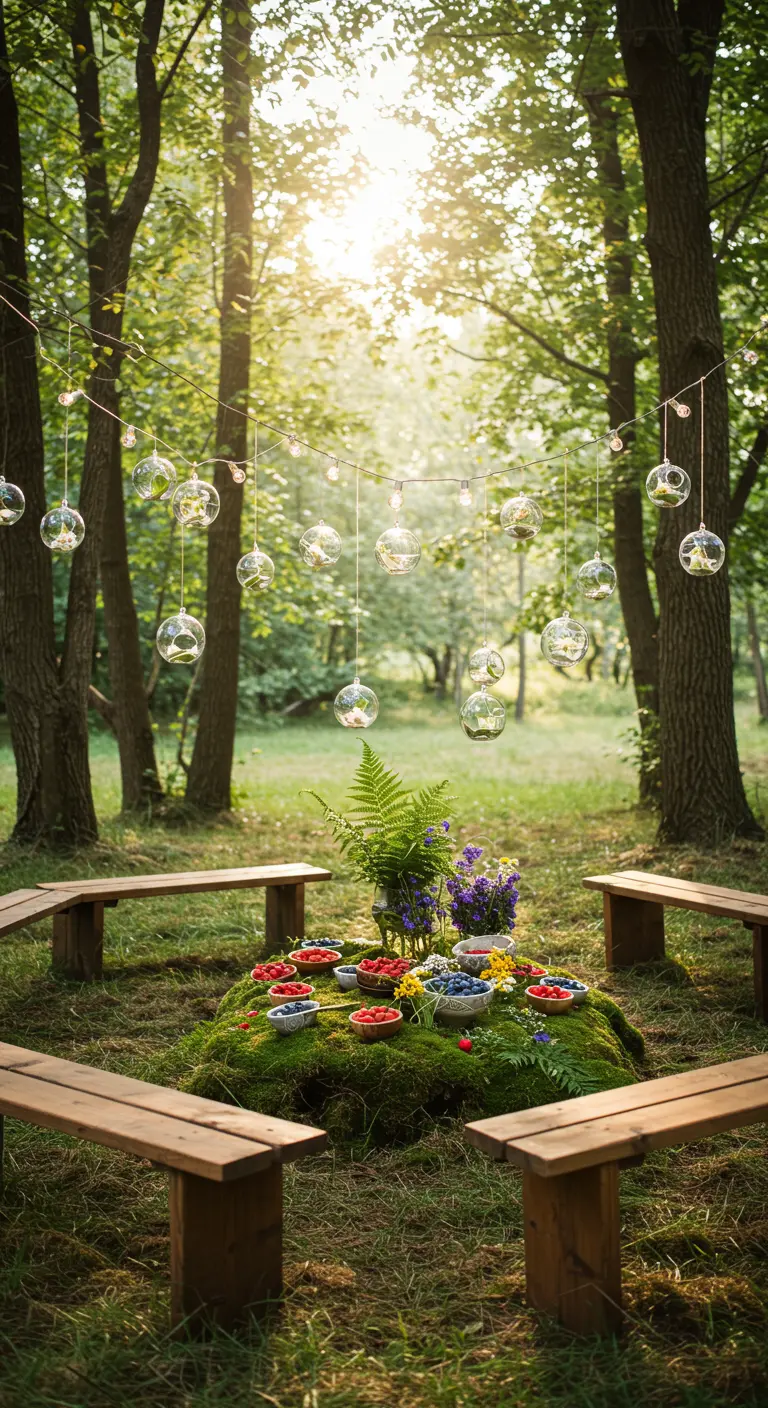 Escena en un bosque con un tocón como mesa, cuencos de bayas y esferas de cristal colgando.