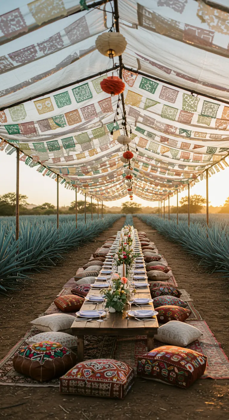 Larga mesa baja para boda en un campo de agave, con techo de papel picado y cojines.