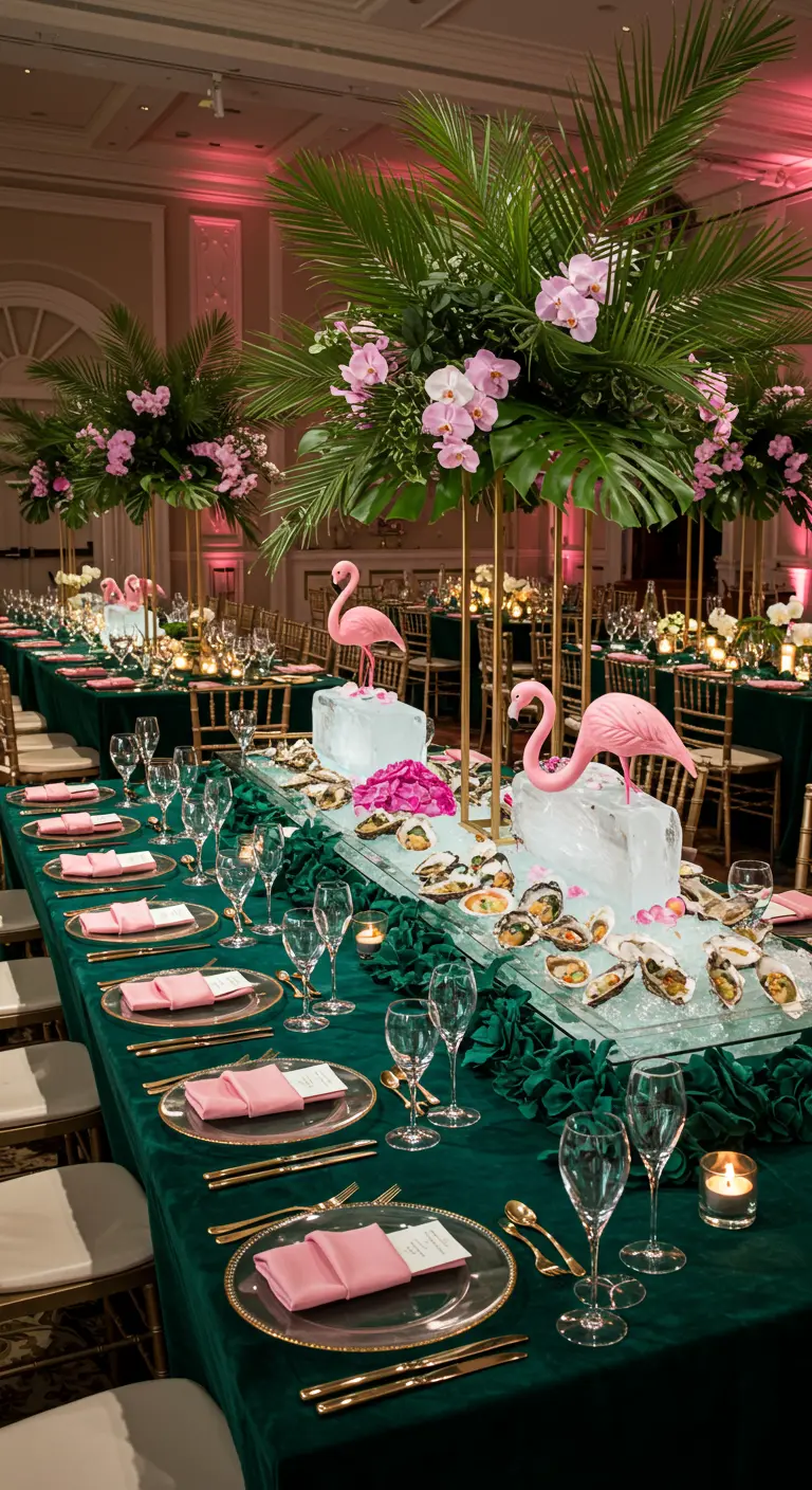 Larga mesa de banquete verde con ostras sobre hielo, flamencos y altos arreglos florales.