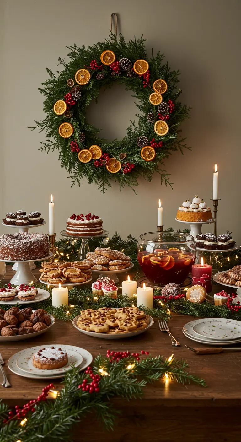 Corona de pino con naranjas secas y bayas sobre una mesa llena de postres navideños.