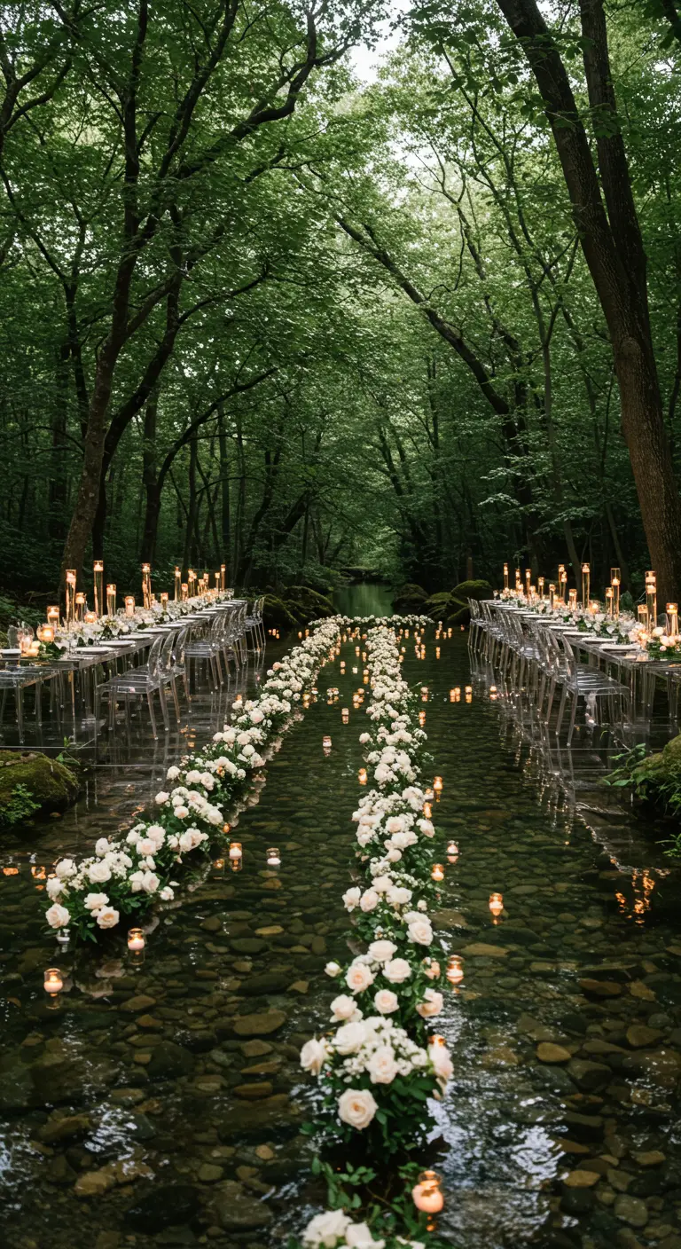 Mesas de cena instaladas en un arroyo en el bosque, con velas y rosas flotando en el agua.