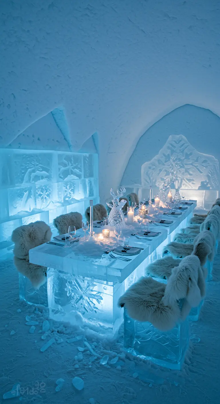 Mesa y sillas hechas de hielo en un hotel de hielo, con pieles blancas en los asientos.