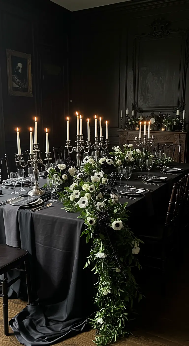 Mesa de comedor gótica con mantel negro, candelabros plateados y flores blancas.