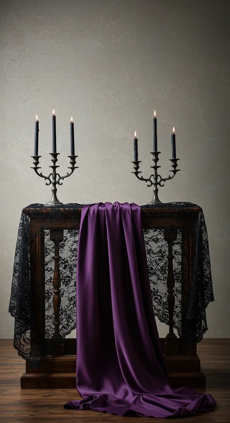 Mesa de estilo gótico con mantel de encaje negro, tela de satén morado y candelabros.