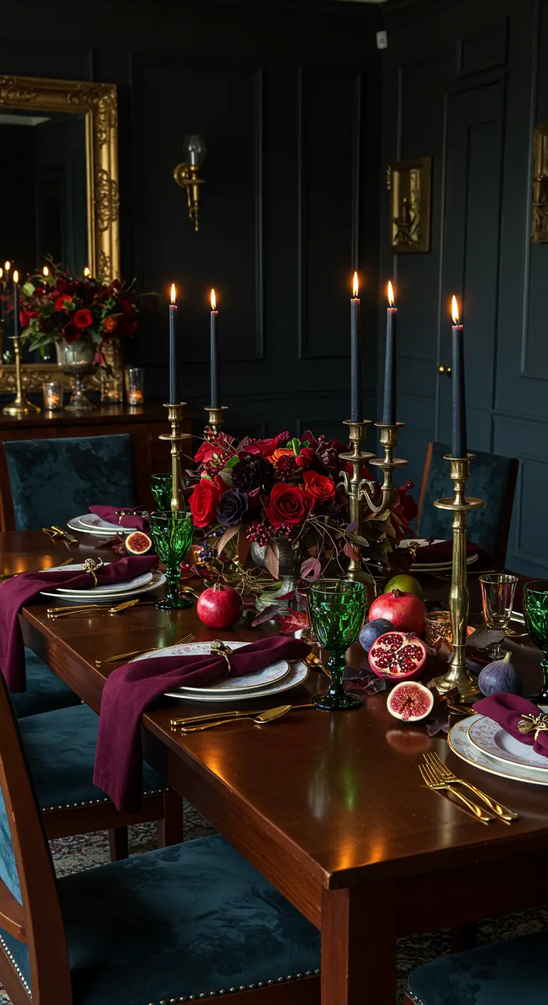 Mesa de comedor oscura y dramática con flores rojas, velas negras y detalles dorados.