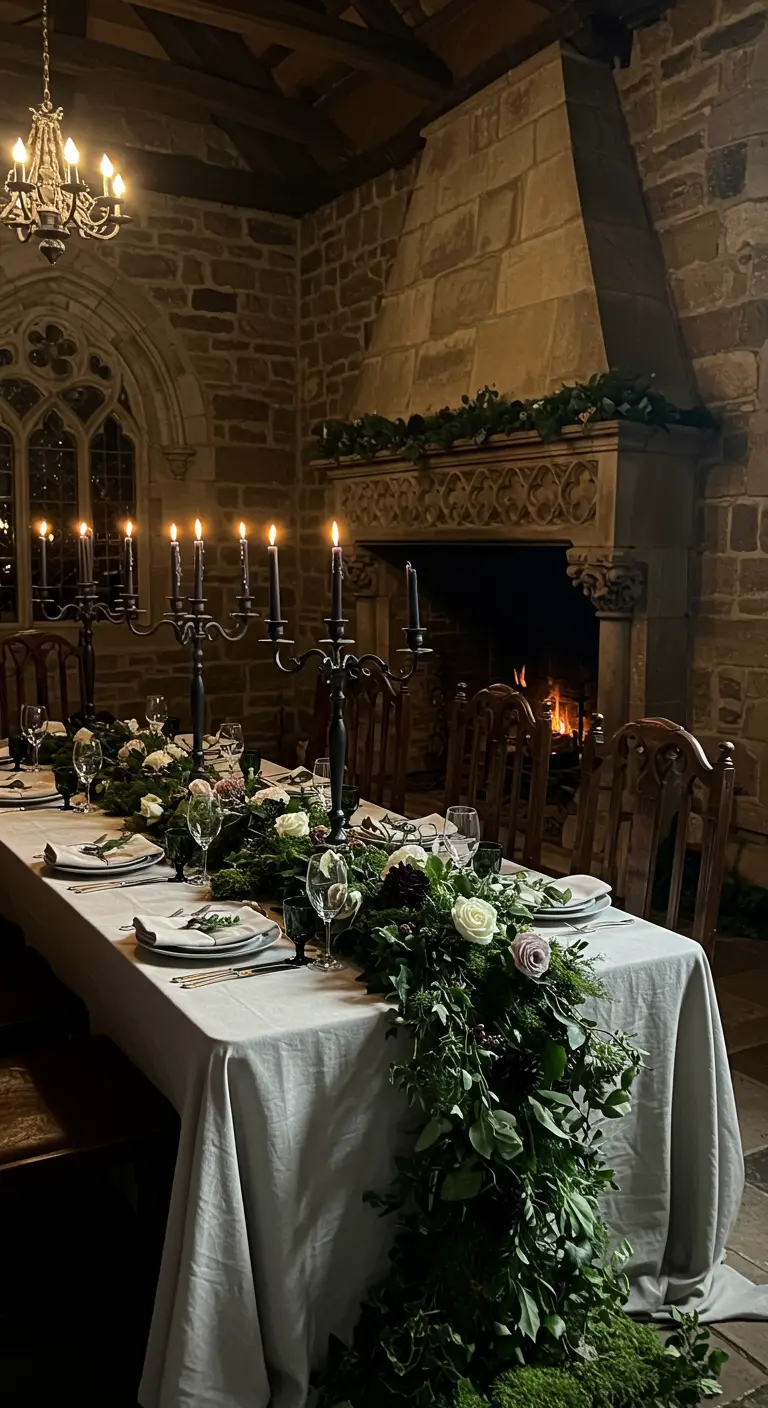 Mesa larga en un salón de piedra con candelabros negros y una guirnalda de flores que cae al suelo.