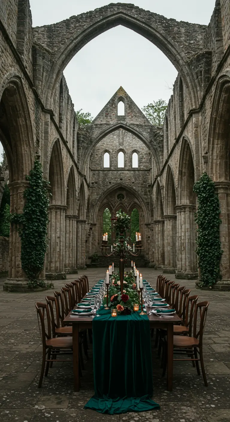 Mesa de banquete en las ruinas de una abadía gótica, decorada con terciopelo verde y candelabros.