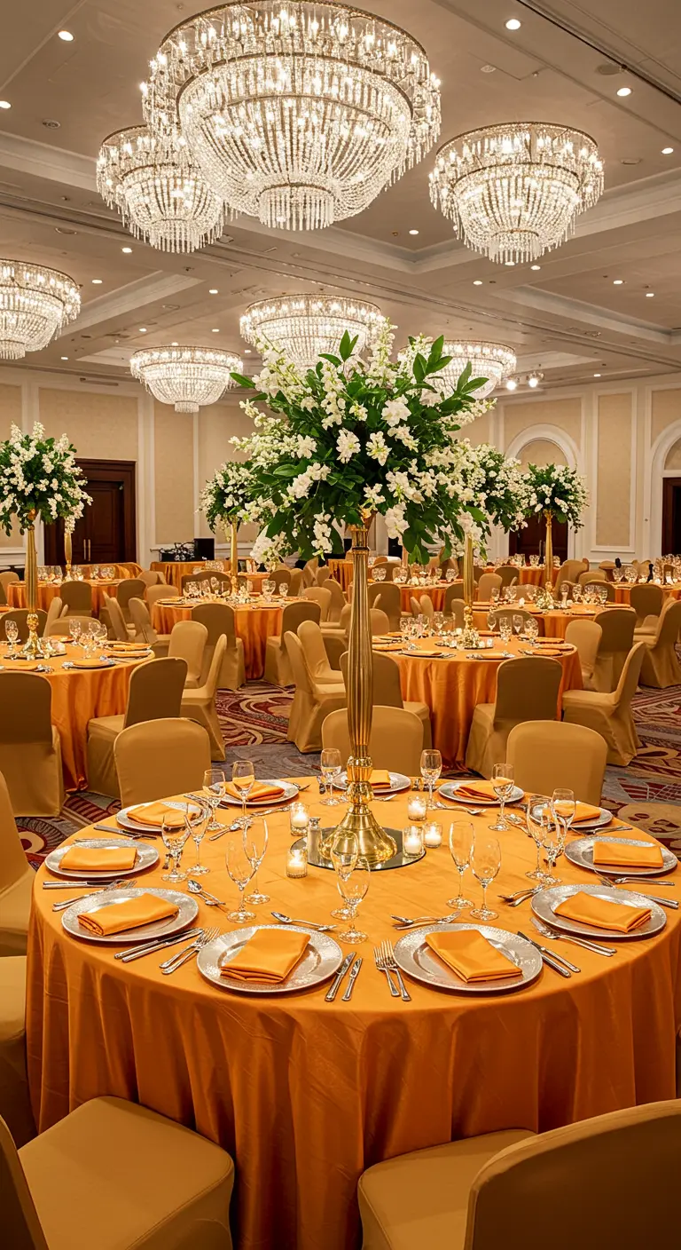 Salón de banquetes con mesas redondas cubiertas de manteles anaranjados y grandes arreglos florales.
