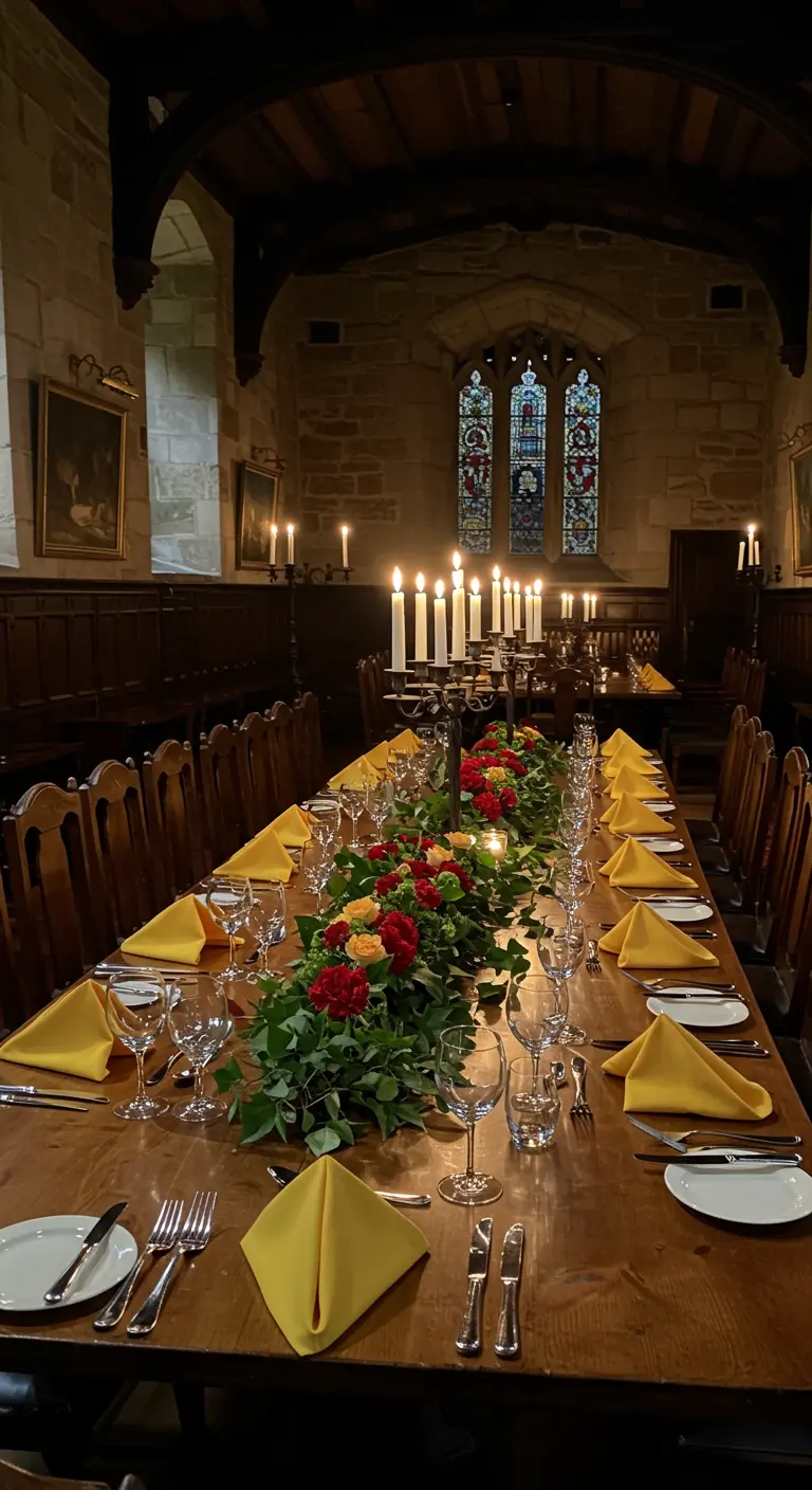 Mesa larga de banquete en un salón antiguo con guirnalda de flores y velas.