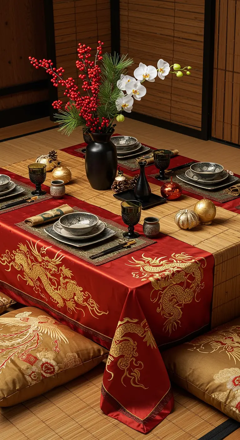 Mesa baja de estilo asiático con camino rojo y dragones dorados, para sentarse en el suelo.
