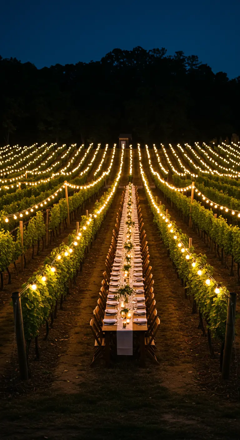 Larga mesa de banquete en un viñedo iluminado por hileras de luces por la noche.