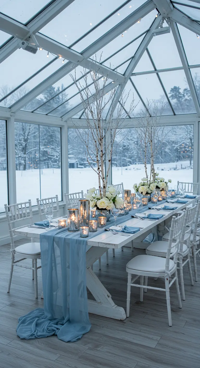 Mesa de banquete en un invernadero con vistas a un paisaje nevado, decorada en tonos azules y blancos.