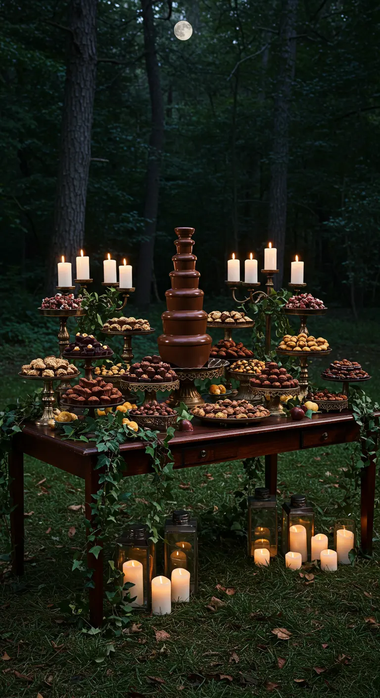 Mesa de postres nocturna en un bosque, con una fuente de chocolate y candelabros.