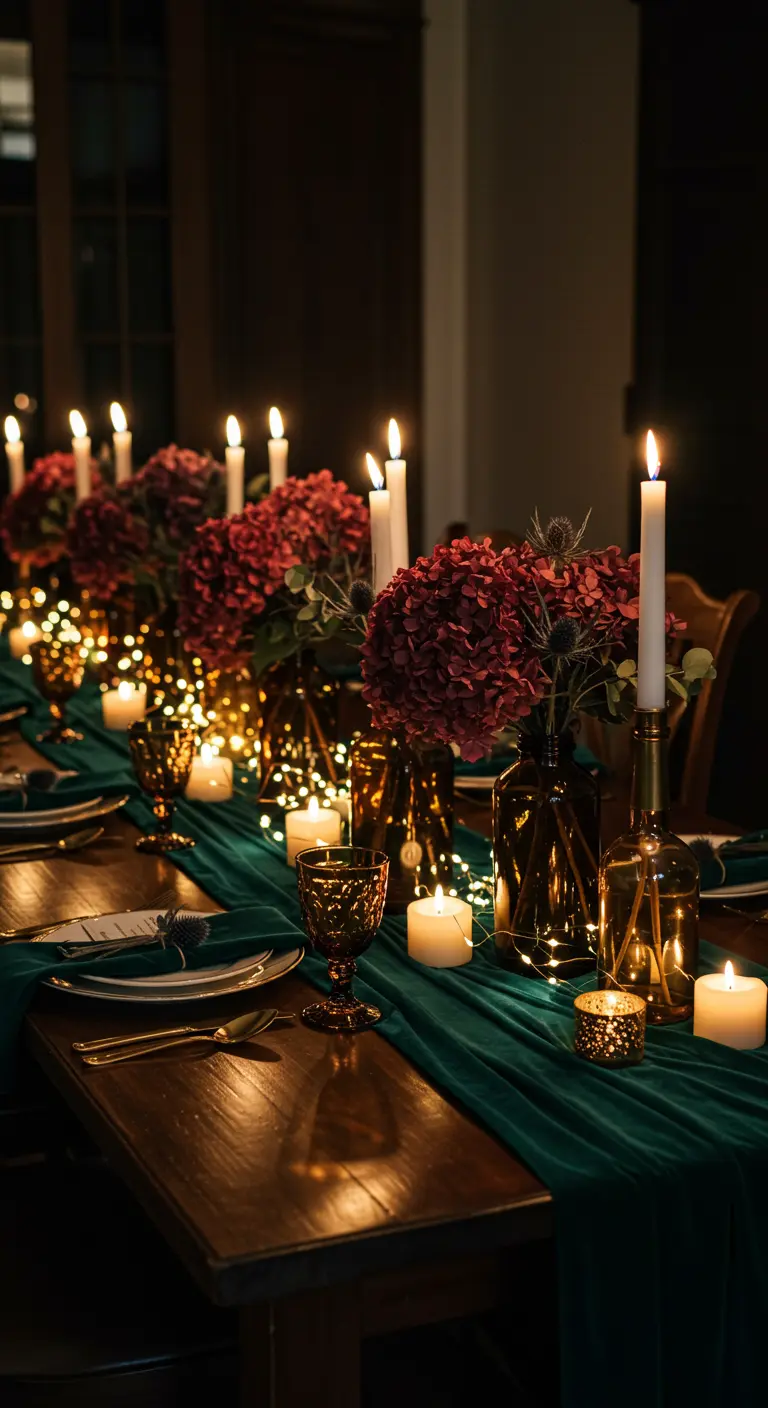 Mesa de banquete a oscuras iluminada por velas y luces, con centros de mesa de flores burdeos.