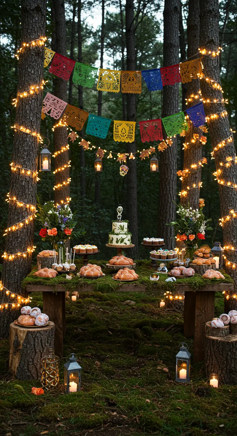 Mesa de dulces en el bosque por la noche, decorada con luces de hadas y musgo.