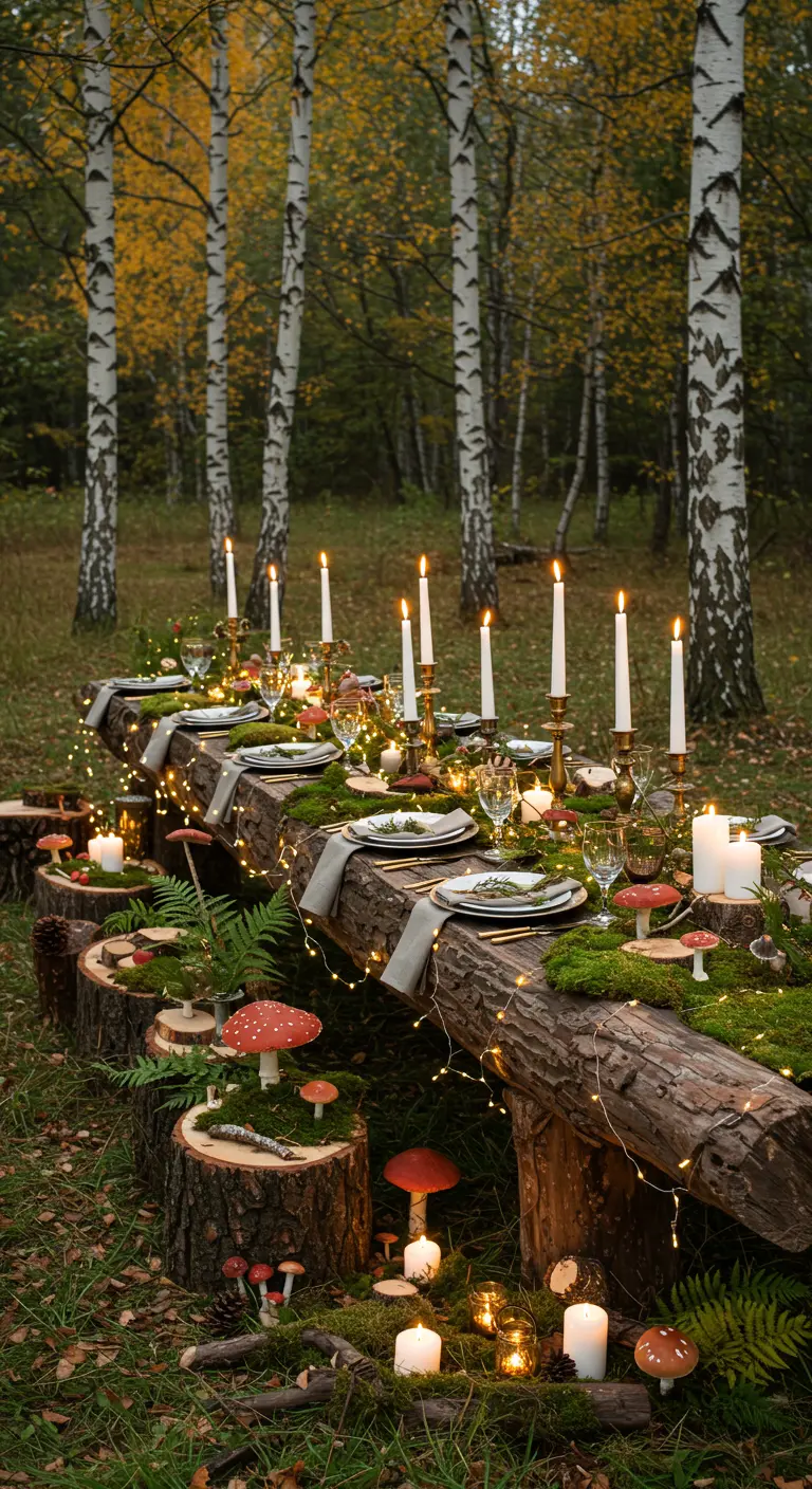 Larga mesa de madera en el bosque, decorada con musgo, setas y luces de hadas.