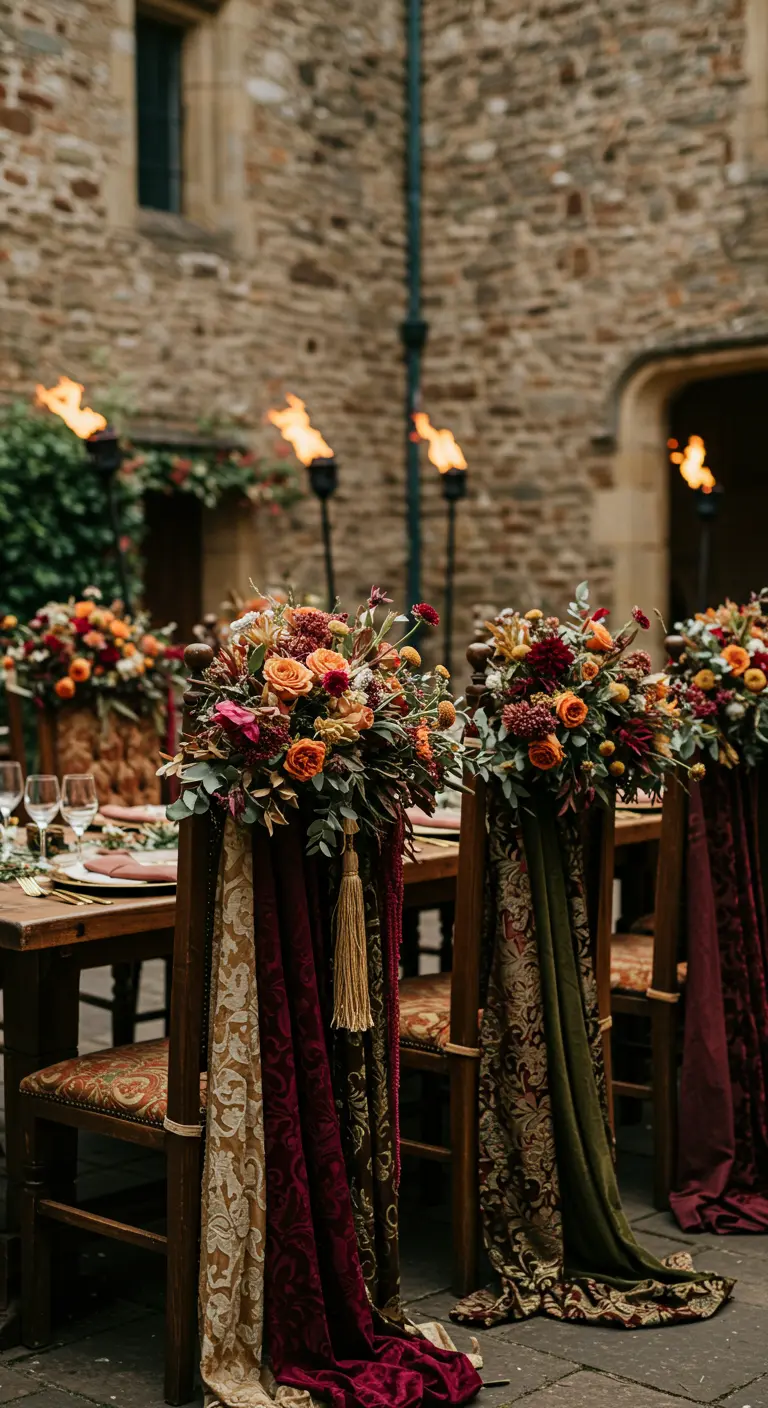 Sillas de madera ornamentadas con telas de brocado y terciopelo y grandes arreglos florales.