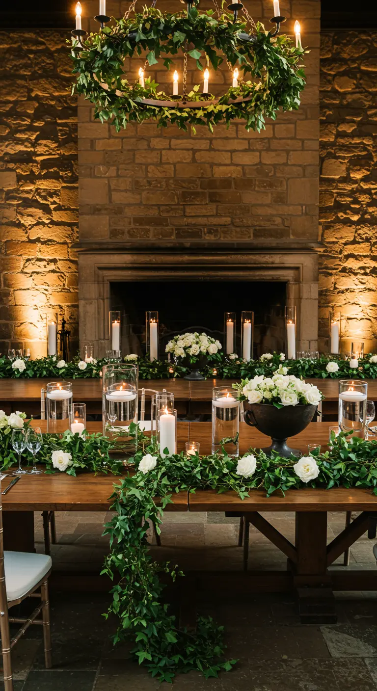 Mesa rústica de madera con guirnalda de hiedra y velas frente a una chimenea de piedra.