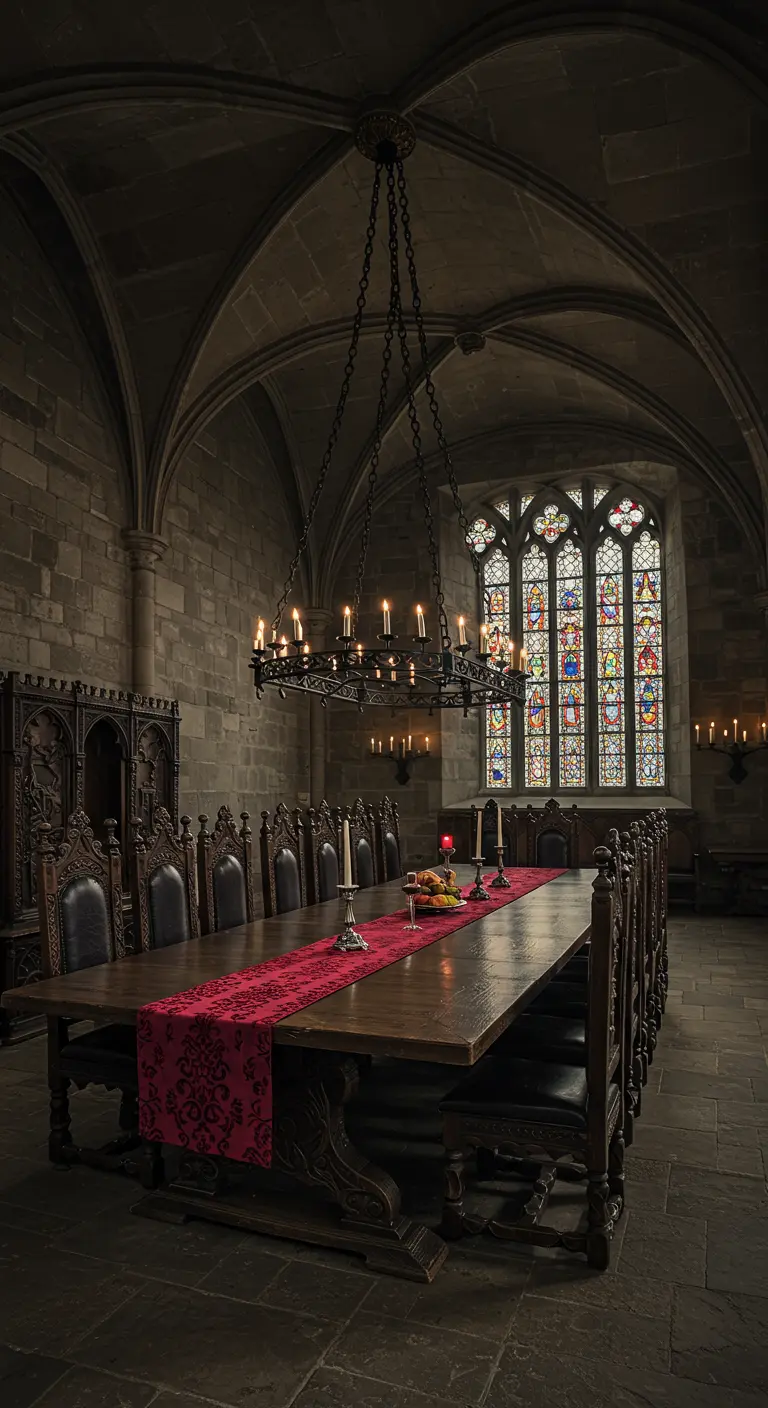 Comedor de estilo gótico en un castillo con techo abovedado y un gran candelabro de hierro.