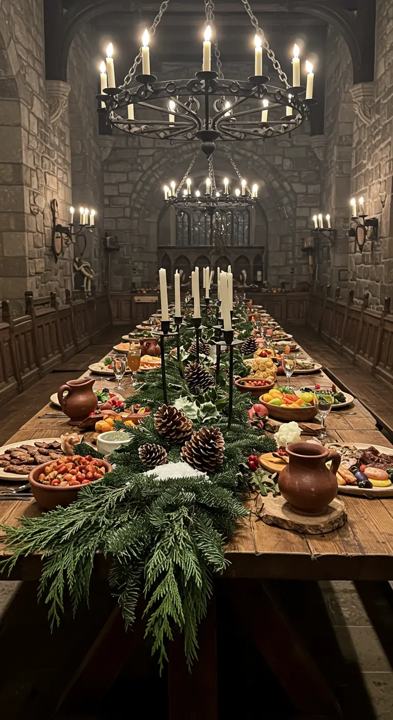 Larga mesa de banquete en un salón de piedra estilo castillo con guirnaldas y candelabros.