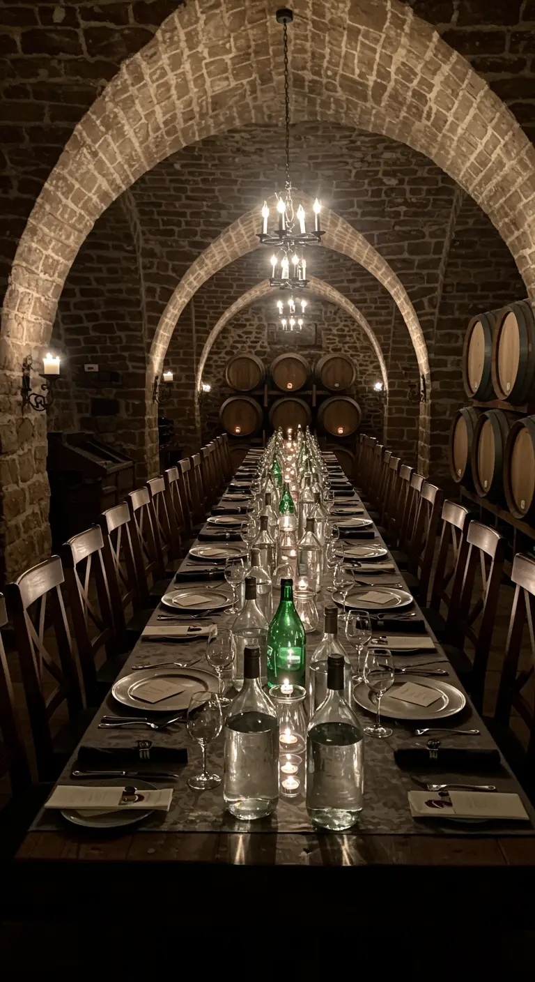 Larga mesa de banquete en una bodega de piedra con velas flotantes en botellas de vino.
