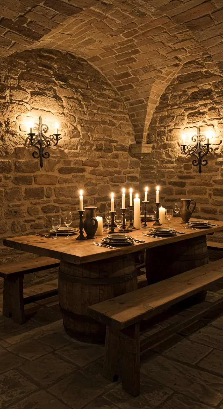 Comedor en una bodega de piedra con una mesa hecha de barriles, iluminado por velas y apliques de hierro.