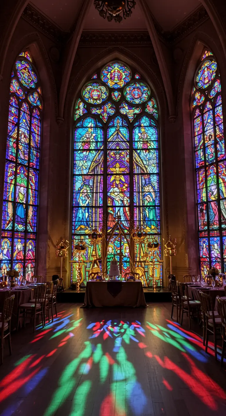 Salón de banquetes con luz de colores proyectada a través de vitrales góticos.