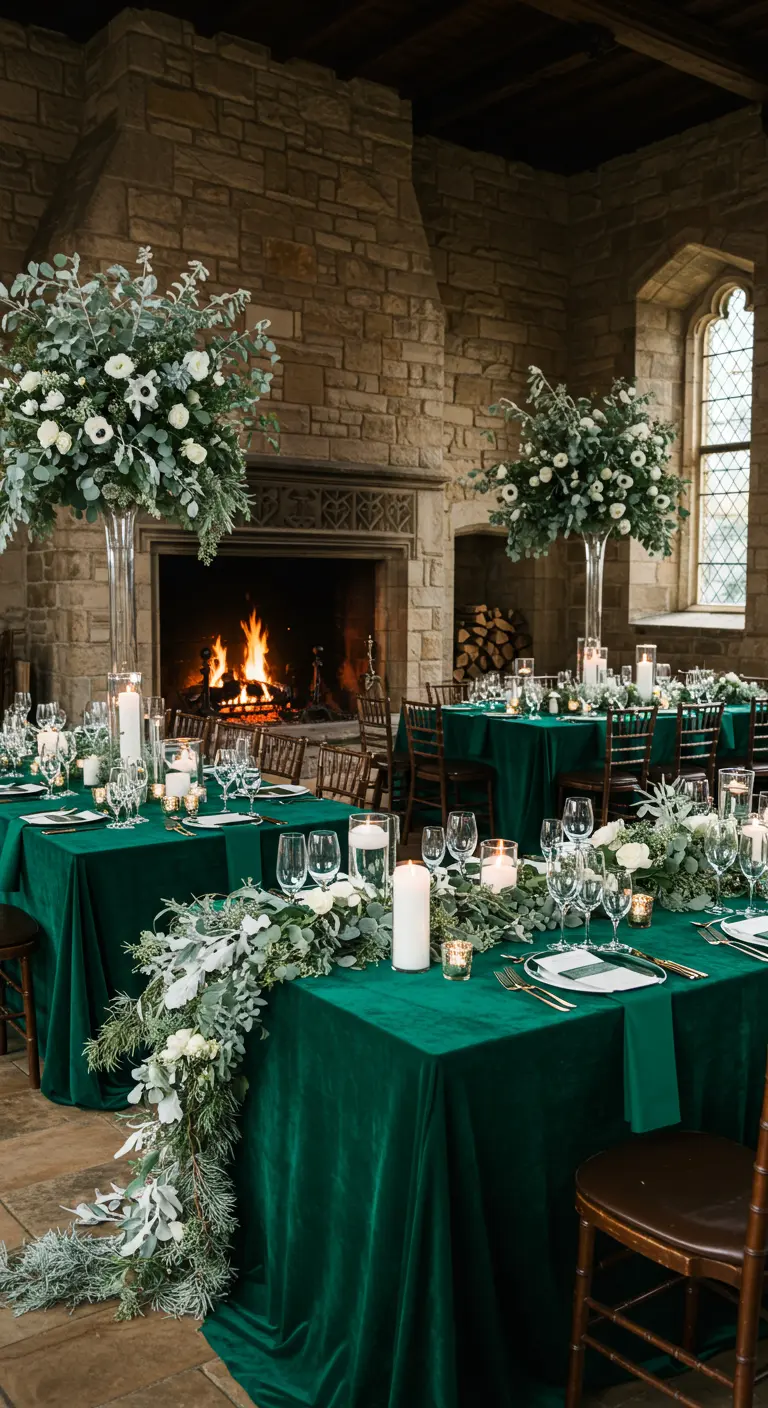 Recepción de boda con manteles de terciopelo verde esmeralda y flores blancas en un castillo.