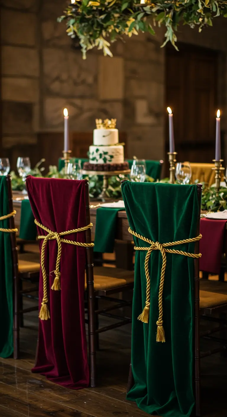 Sillas de madera cubiertas con tela de terciopelo verde y burdeos, atadas con cordones dorados.