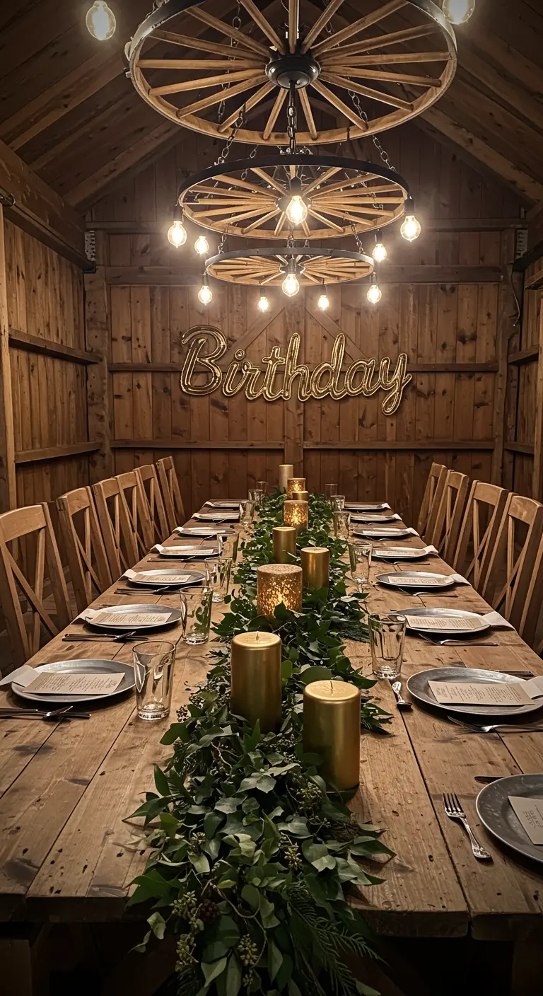 Mesa de madera rústica en un granero con velas doradas y guirnaldas de eucalipto.