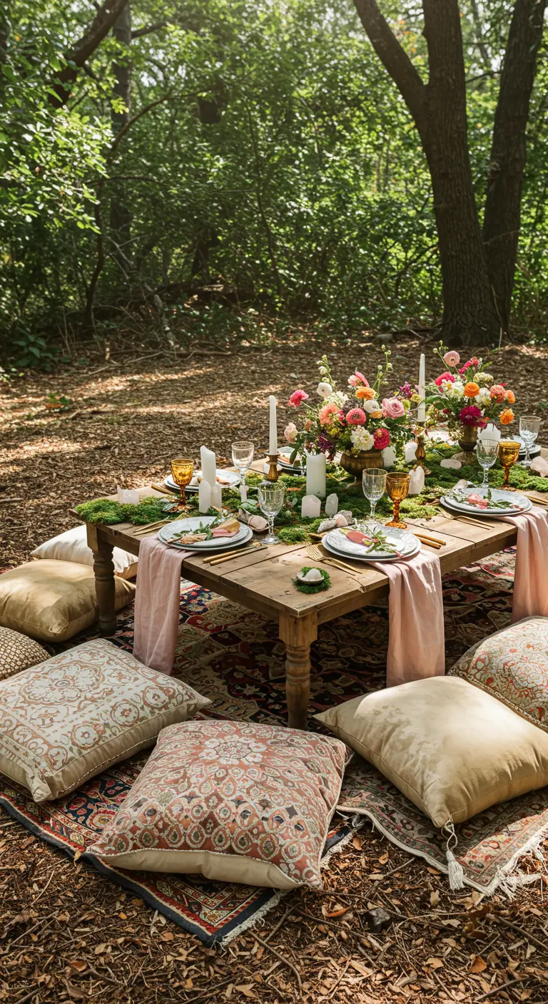 Mesa de picnic baja en el bosque sobre alfombras persas, decorada con musgo y flores.