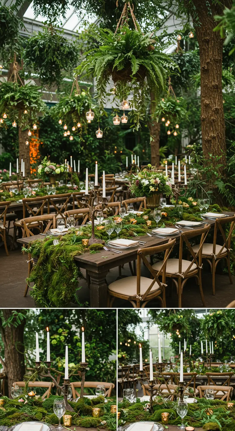 Mesa de boda en un invernadero con un exuberante camino de musgo y candelabros de bronce.