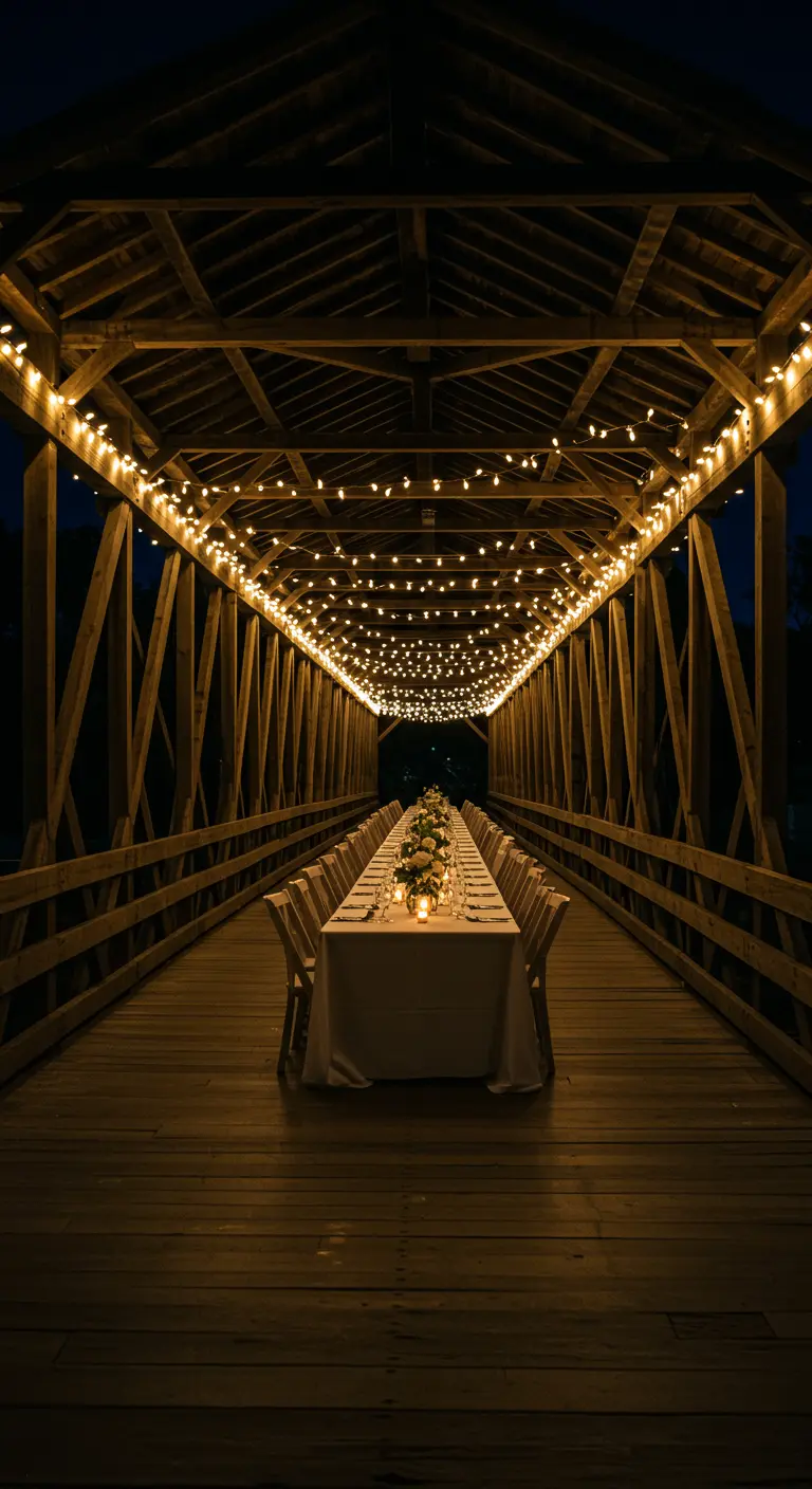 Larga mesa de banquete dentro de un puente de madera cubierto, iluminado con luces colgantes.
