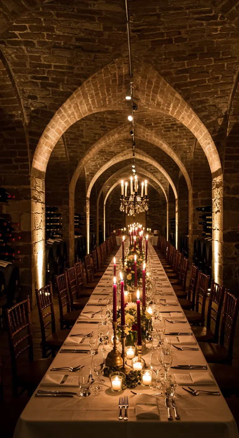 Mesa de banquete larga en una bodega de piedra con arcos, iluminada por candelabros.