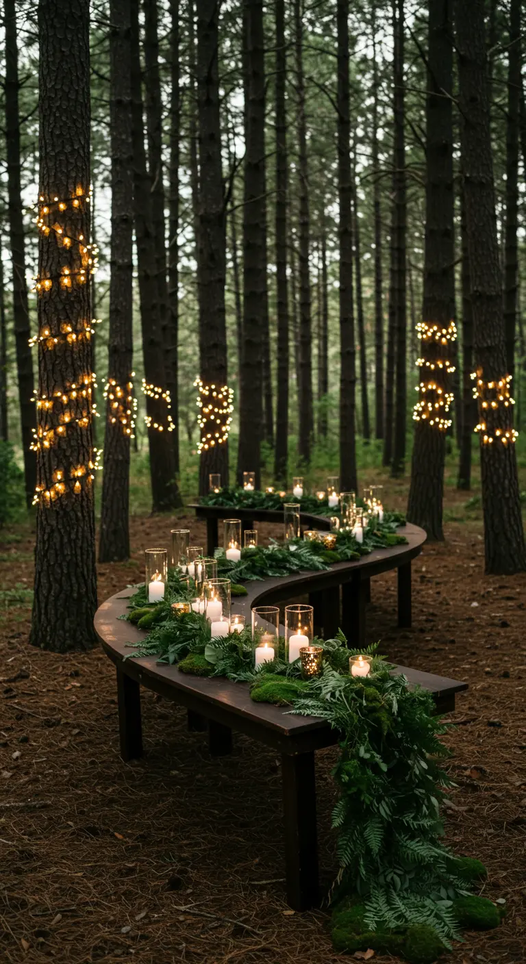 Mesa larga y curva en un bosque de pinos, decorada con vegetación y velas, con luces en los árboles.