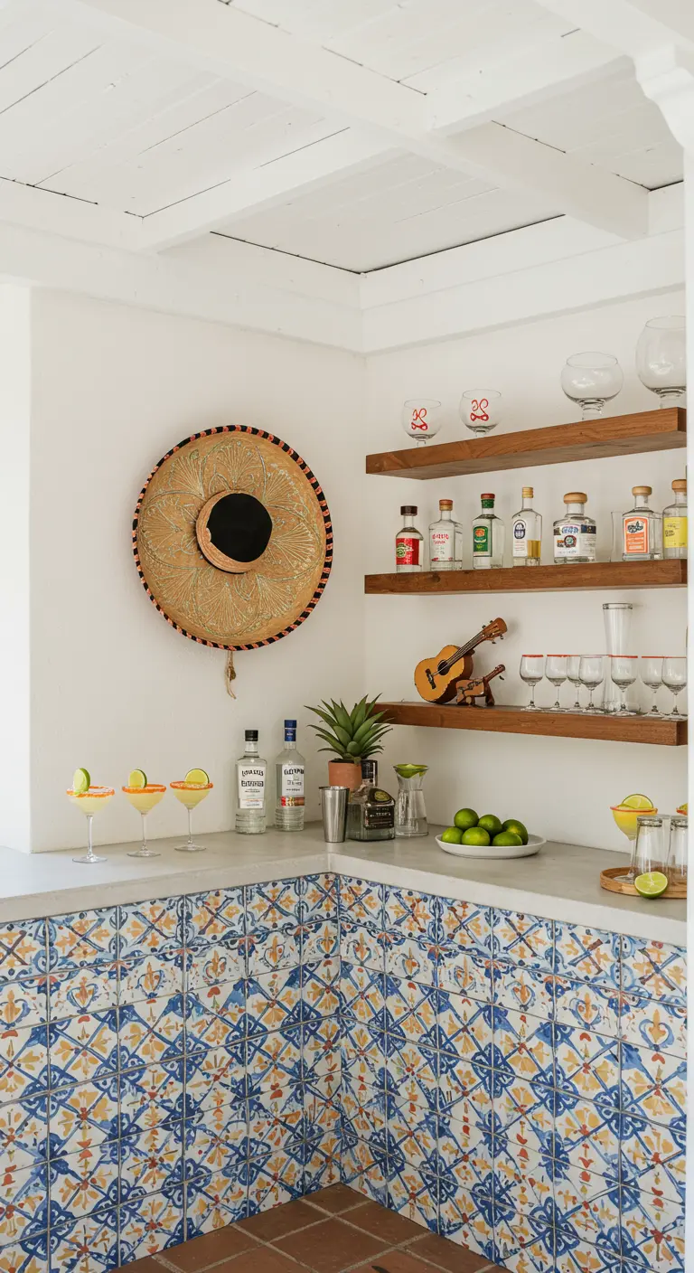 Esquina de bar con azulejos mexicanos, estantes de madera con botellas y un gran sombrero en la pared.