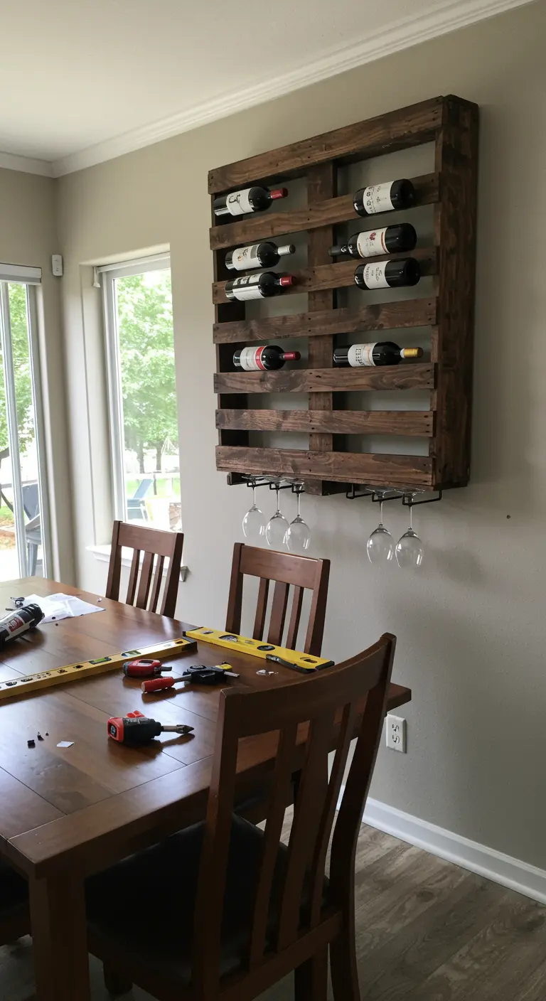 Botellero de pared hecho con un pallet teñido de oscuro, con botellas de vino y copas colgadas.