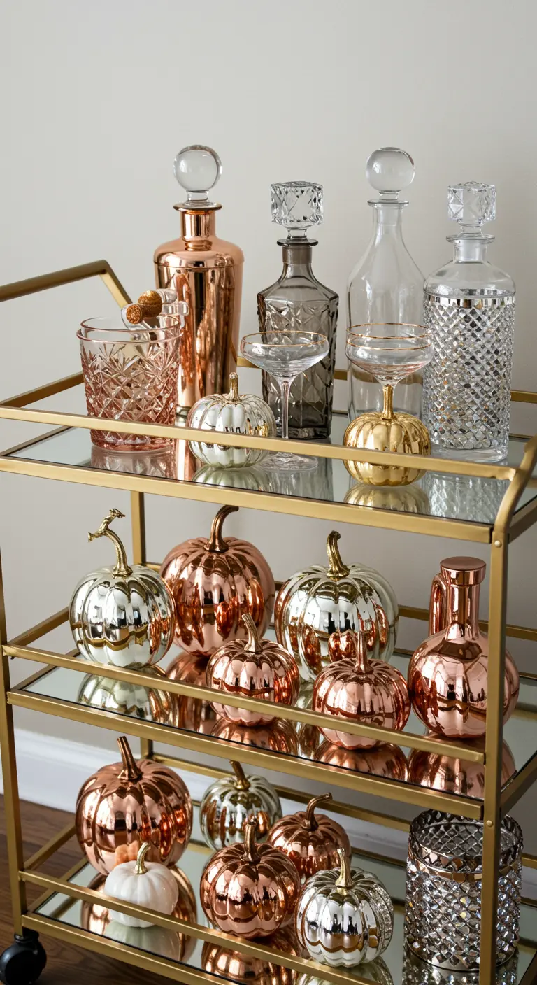 Un carrito de bar dorado con calabazas pintadas en tonos metálicos como cobre, plata y oro.