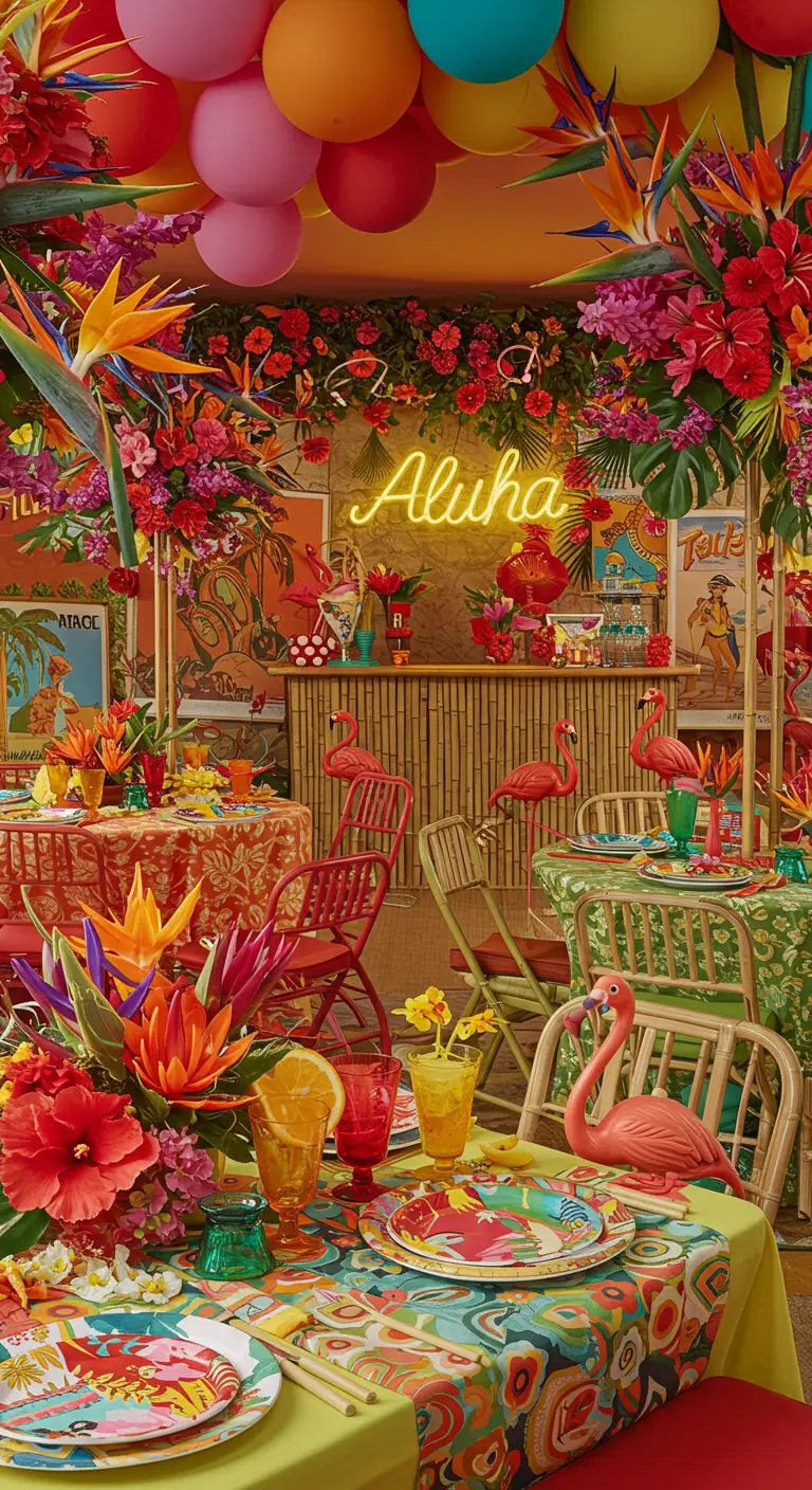 Fiesta hawaiana muy colorida con un letrero de neón 'Aluha' y flamencos rosados.