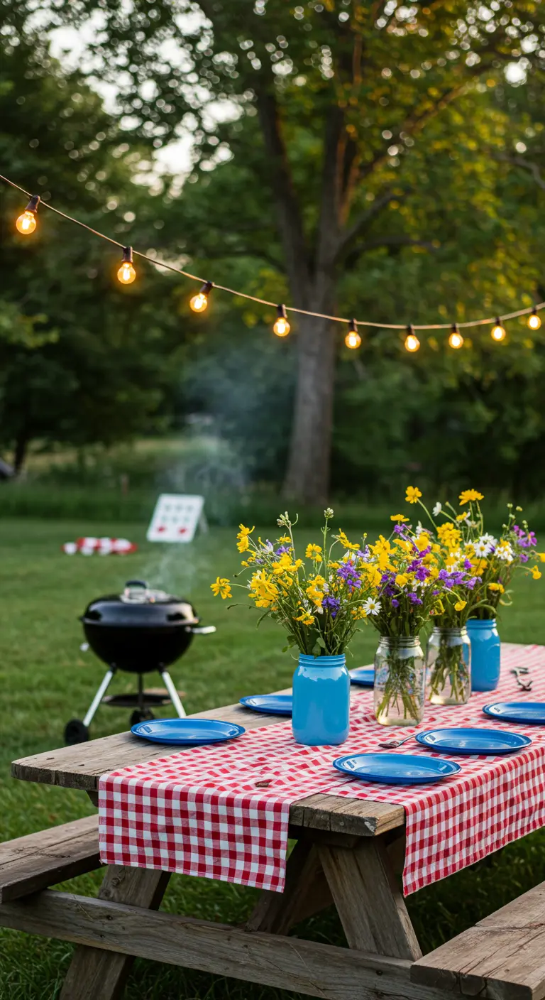 Mesa de picnic con mantel a cuadros rojos, flores silvestres y una barbacoa al fondo.