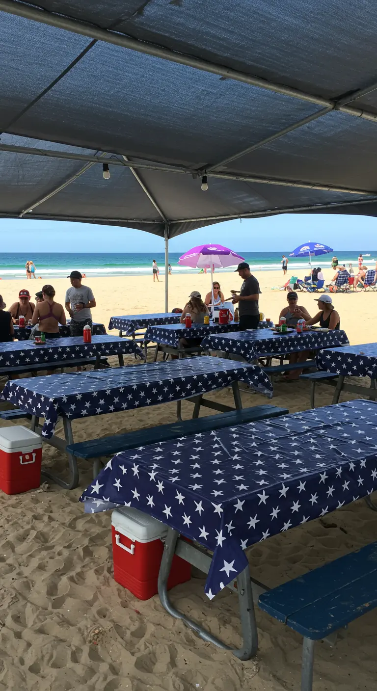 Mesas de picnic en la playa con manteles azules con estrellas blancas.